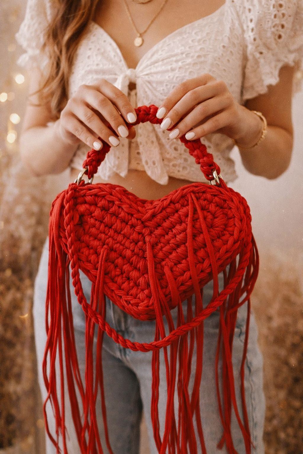 Вязаная сумка «Сердце» из хлопка, красная